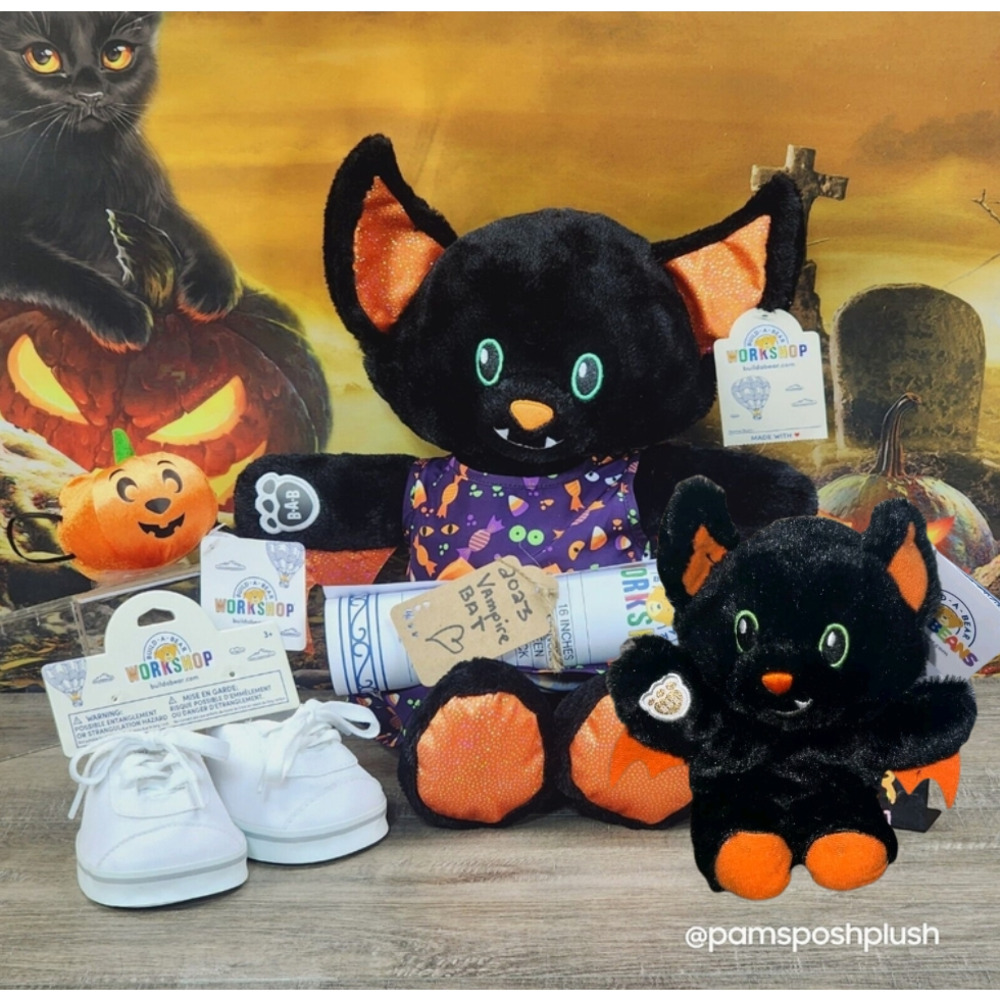 Build A Bear Fangtastic Vampire Bat & Mini Beans Plush Halloween Dress Pumpkin